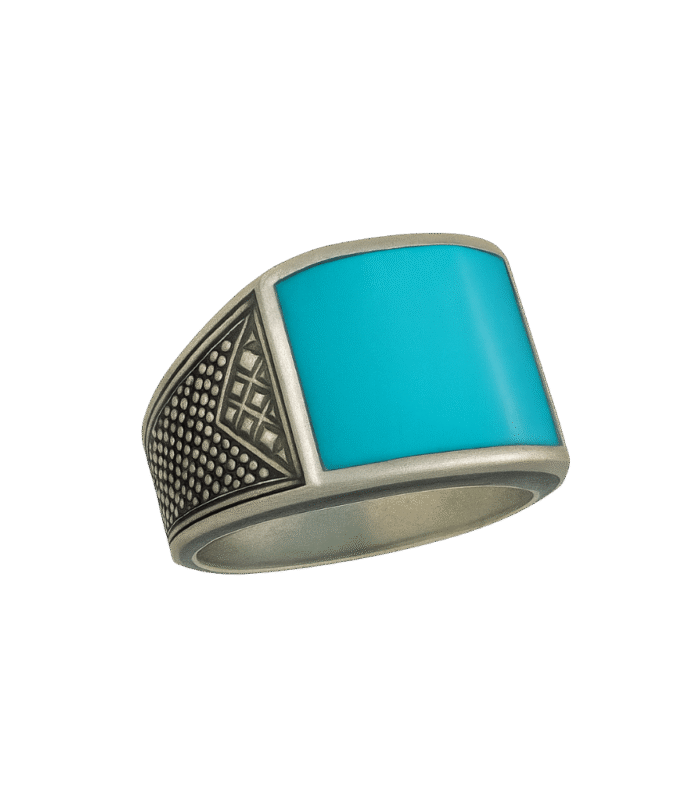 Çift Taraflı İşlemeli Turkuaz Taşlı Erkek Yüzük