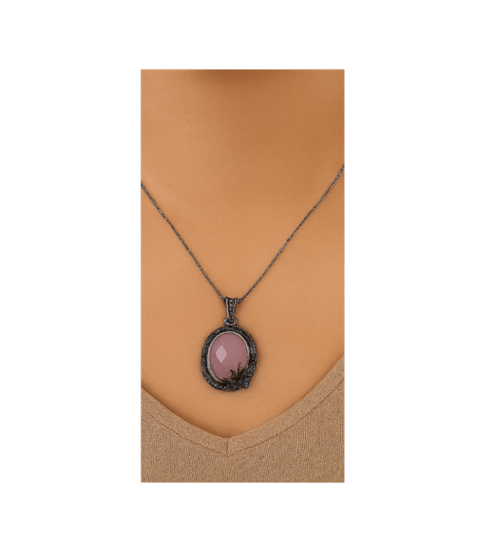 Doğal Pembe Kuvars Gümüş Kolye