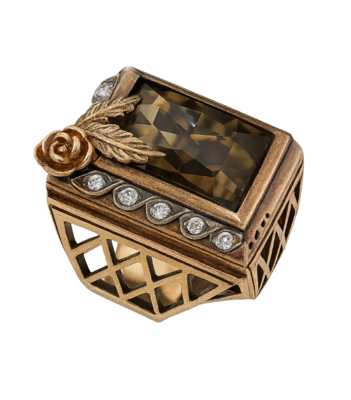 Saray Zarafeti Antik Bronz Gül Motifli Sitrin Taşı Yüzük